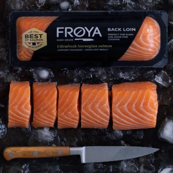 Frøya sashimi salmon backloin 180g chilled, pack with sliced loin and knife