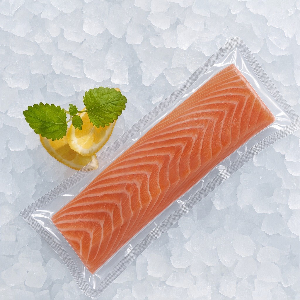 Atlantic salmon backloin 180g, vacuum packed on ice