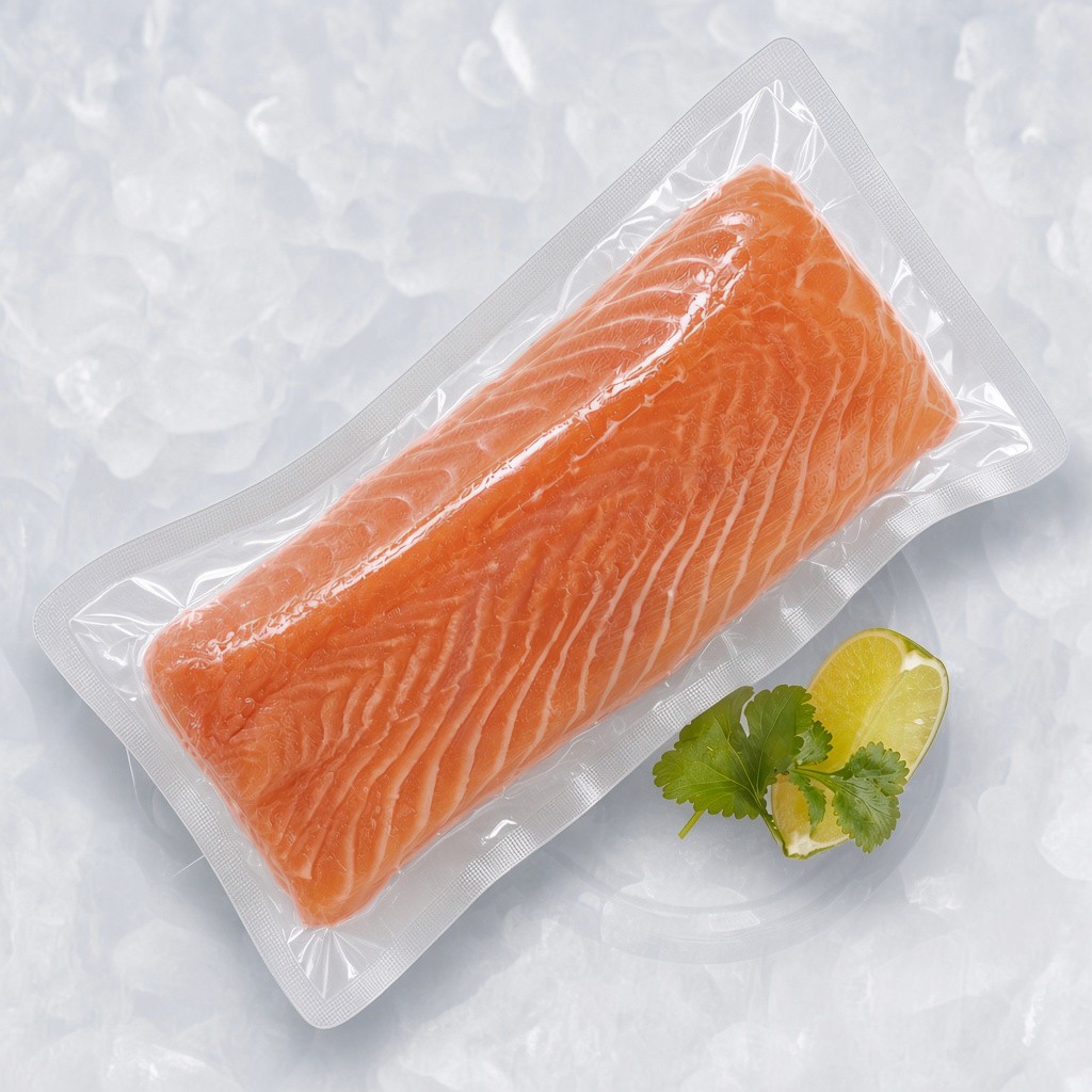 Atlantic salmon midloin 300g, vacuum packed on ice