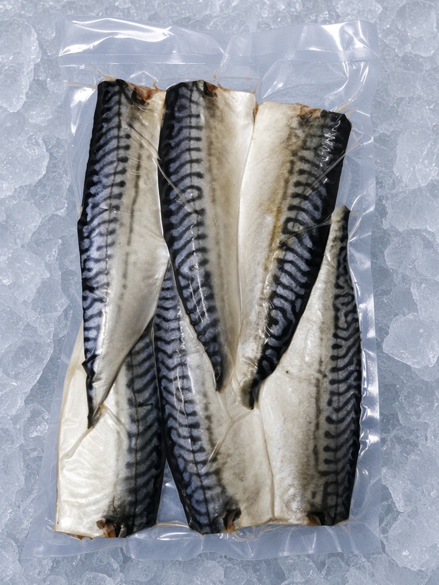 Norwegian saba mackerel fillets vacuum packed on ice
